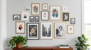 Gallery wall with mixed frames and artistic decor