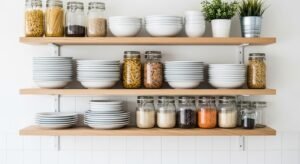 Open kitchen shelves styled with simple decor
