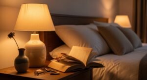 Bedside table with soft lighting and minimal decor