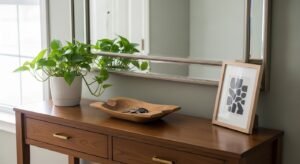 Entryway console styled with simple and welcoming decor
