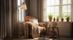 Cozy reading nook with chair and soft lighting