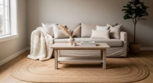 Neutral living room with layered textures and cozy decor