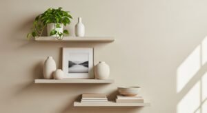 Floating shelves styled with simple curated decor
