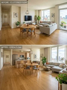 Rearranged furniture improving apartment layout