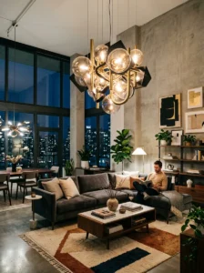 Statement lighting acting as art in apartment