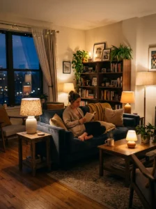 Warm lighting creating cozy apartment atmosphere