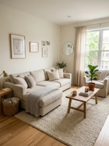 Neutral rug adding warmth to apartment interior