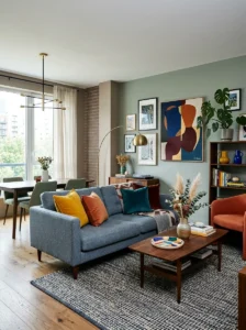 Eclectic gallery wall with mixed artwork