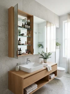 Mirror with storage helping organize small bathroom