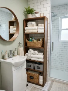 Vertical shelves maximizing storage in small bathroom