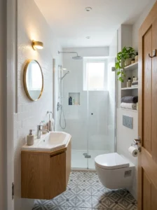Corner sink fitting perfectly in small bathroom
