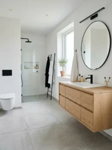 Floating vanity creating a clean modern bathroom look