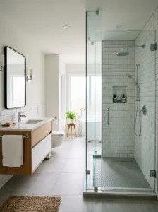 Frameless glass shower in modern bathroom