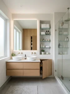 Built-in storage keeping bathroom clutter-free