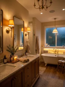 Wooden vanity adding warmth to bathroom