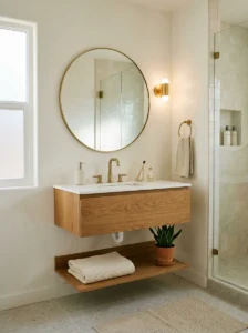 Round mirror adding softness to bathroom design