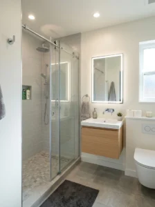 Sliding shower doors saving space in small bathroom