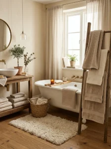 Soft textures adding warmth to modern bathroom