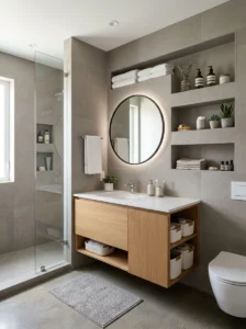 Built-in storage niches in bathroom wall