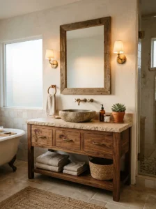 Wooden vanity adding warmth to bathroom