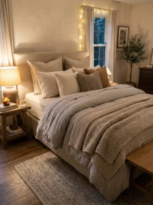 Layered neutral bedding creating a cozy bedroom