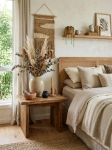 Clay and ceramic decor pieces in natural bedroom