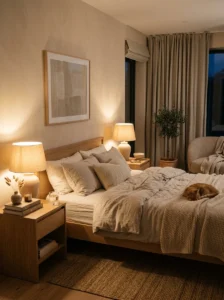 Warm lighting creating cozy bedroom atmosphere