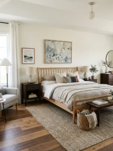Mixed wood tones adding depth to bedroom