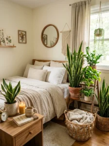 Indoor plants in cozy neutral bedroom