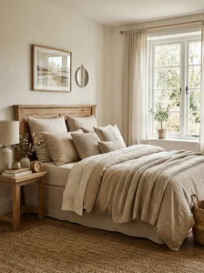 Earthy bedroom with layered linen bedding in neutral tones