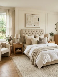 Soft headboard adding comfort to bedroom