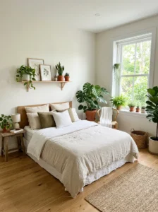 Indoor plants adding freshness to bedroom