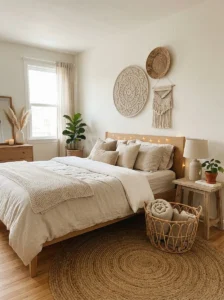 Woven textures adding depth to earthy bedroom