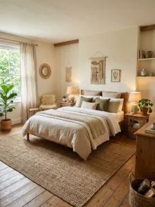 Jute rug adding texture to bedroom