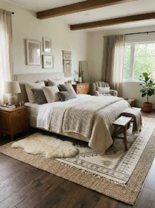 Layered rugs adding warmth to bedroom