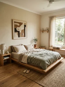 Low furniture creating grounded bedroom feel