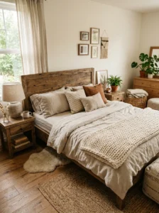 Layered textures creating depth in bedroom