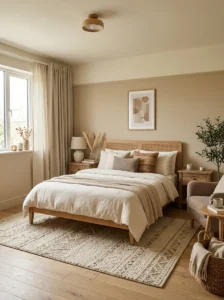 Neutral earthy tones creating calm bedroom interior