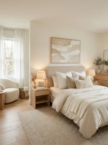 Calm color palette creating peaceful bedroom