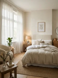 Soft curtains creating gentle light in bedroom