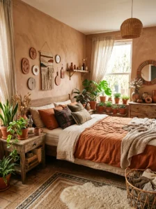 Clay and terracotta decor in earthy bedroom