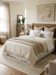 Layered natural textiles creating cozy bedroom