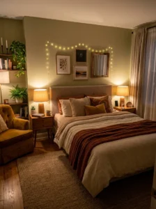 Warm lighting creating cozy earthy bedroom atmosphere