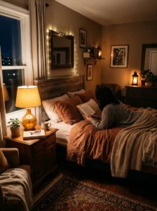 Warm lighting creating calm bedroom mood