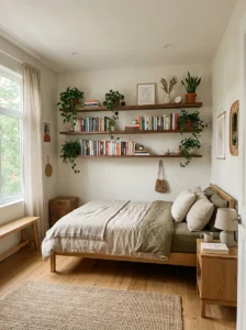Open wooden shelves styled in earthy bedroom