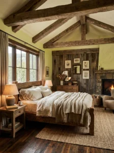 Exposed wooden beams adding character to bedroom
