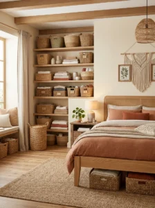 Woven baskets adding storage and texture to bedroom