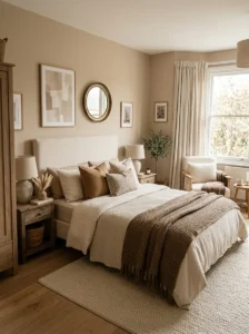 Mixed neutral color palette in cozy bedroom