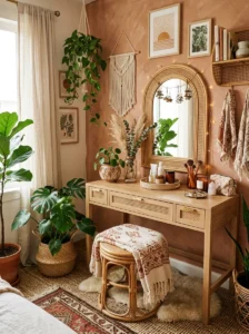 Boho vanity setup with natural elements