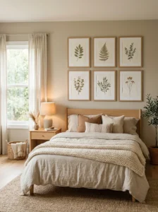 Minimal earthy wall art in cozy bedroom